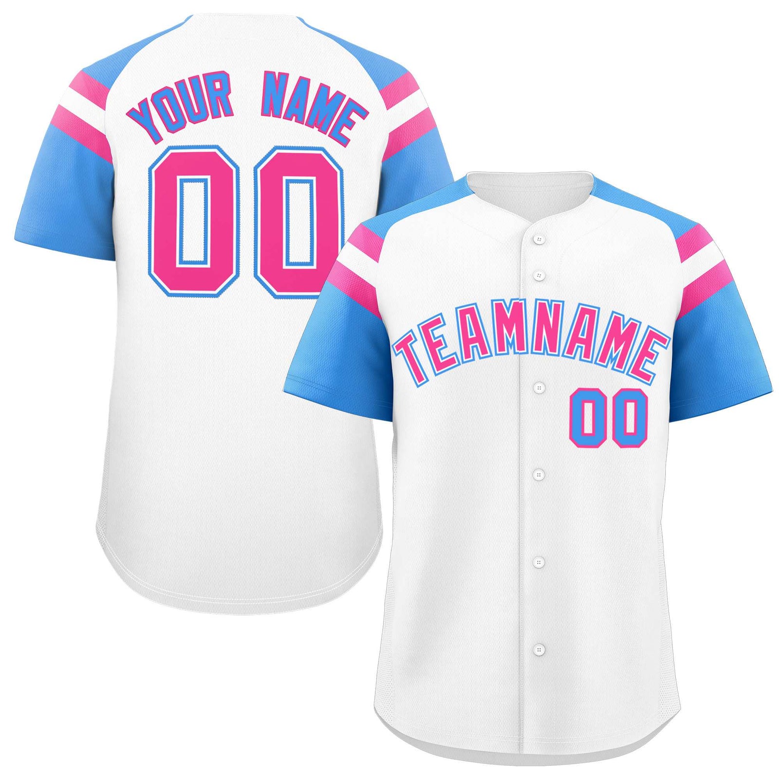 Custom White Powder Blue Contrast Raglan Sleeves Authentic Baseball Jersey