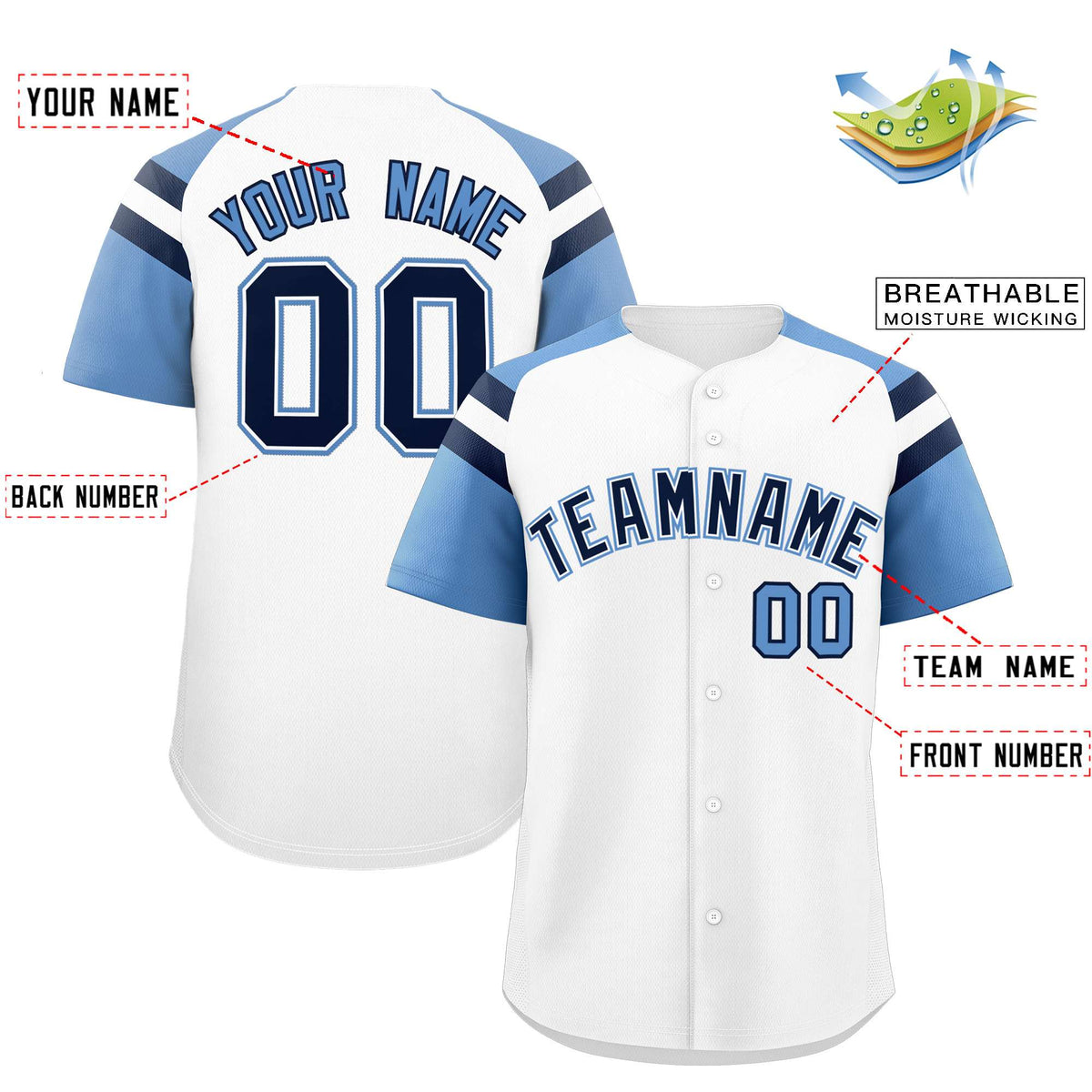 Custom White Light Blue Contrast Raglan Sleeves Authentic Baseball Jersey