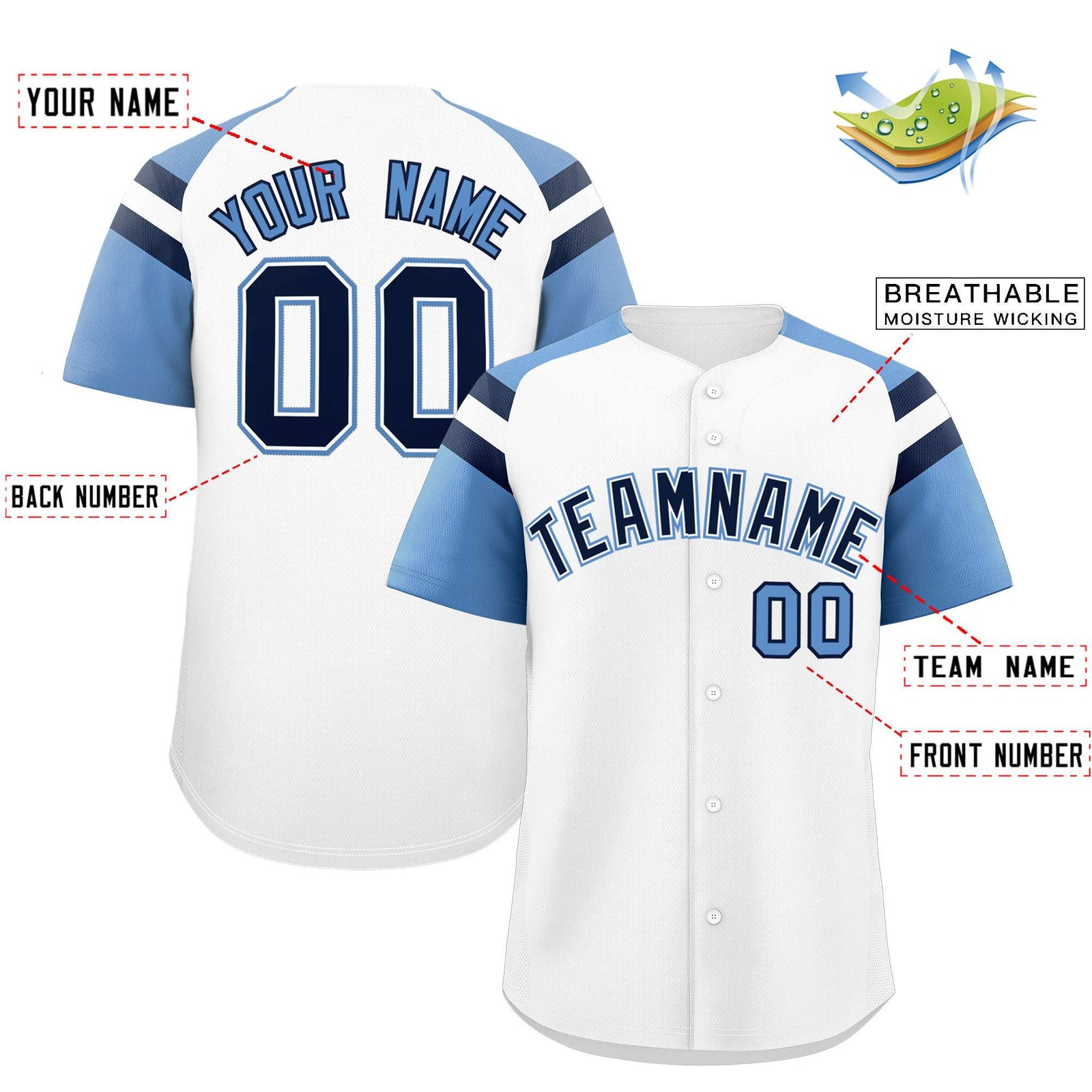 Custom White Light Blue Contrast Raglan Sleeves Authentic Baseball Jersey