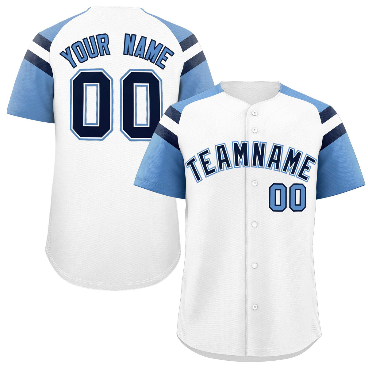 Custom White Light Blue Contrast Raglan Sleeves Authentic Baseball Jersey