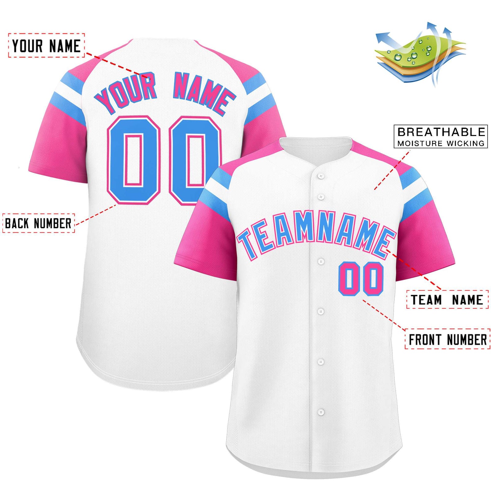 Custom White Pink Contrast Raglan Sleeves Authentic Baseball Jersey