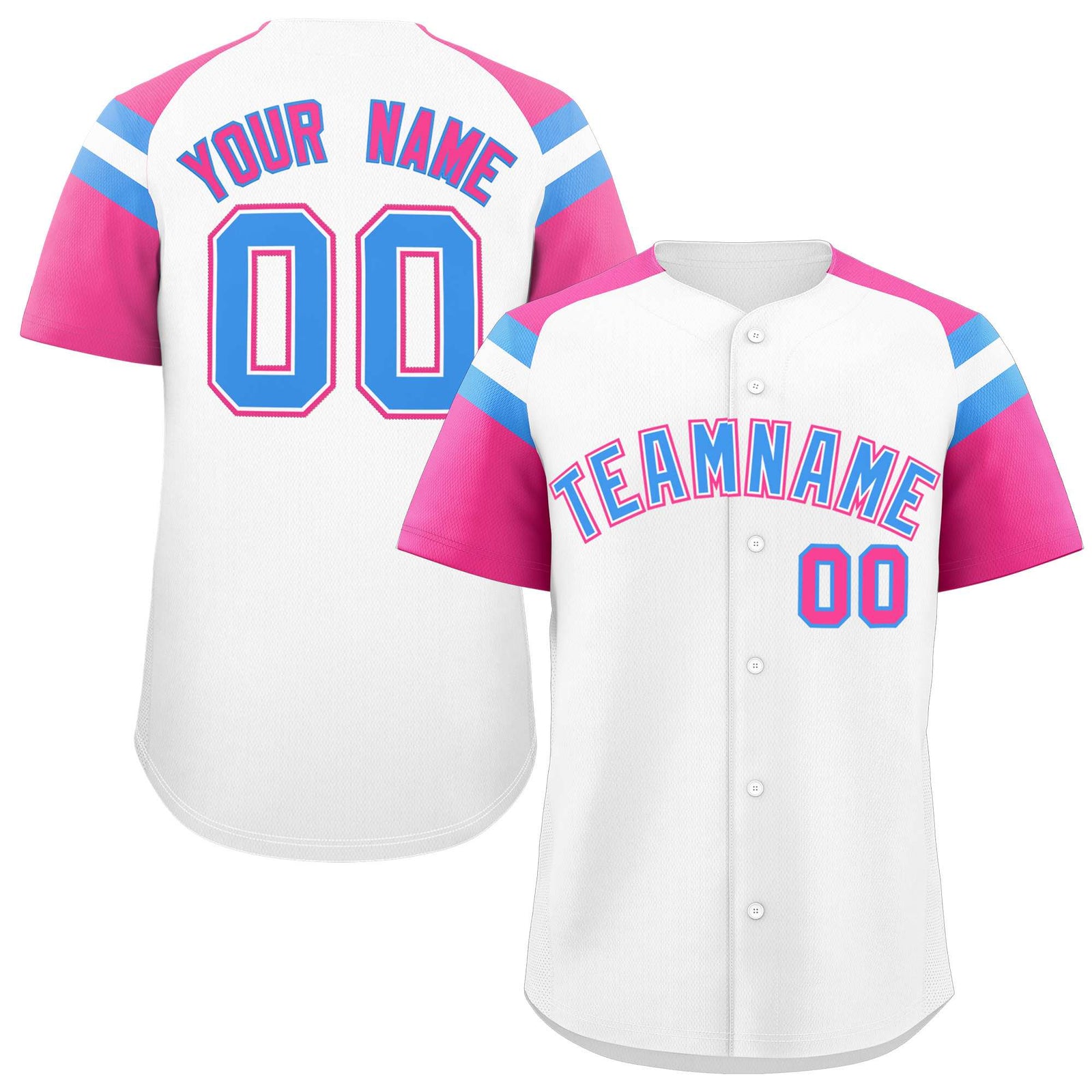 Custom White Pink Contrast Raglan Sleeves Authentic Baseball Jersey
