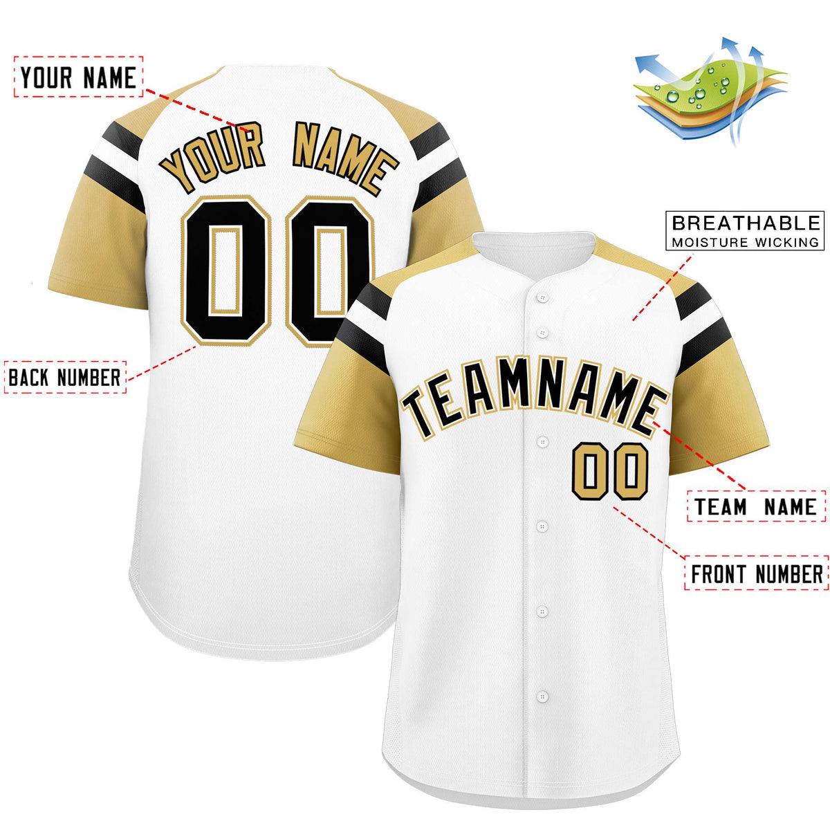 Custom White Old Gold Contrast Raglan Sleeves Authentic Baseball Jersey