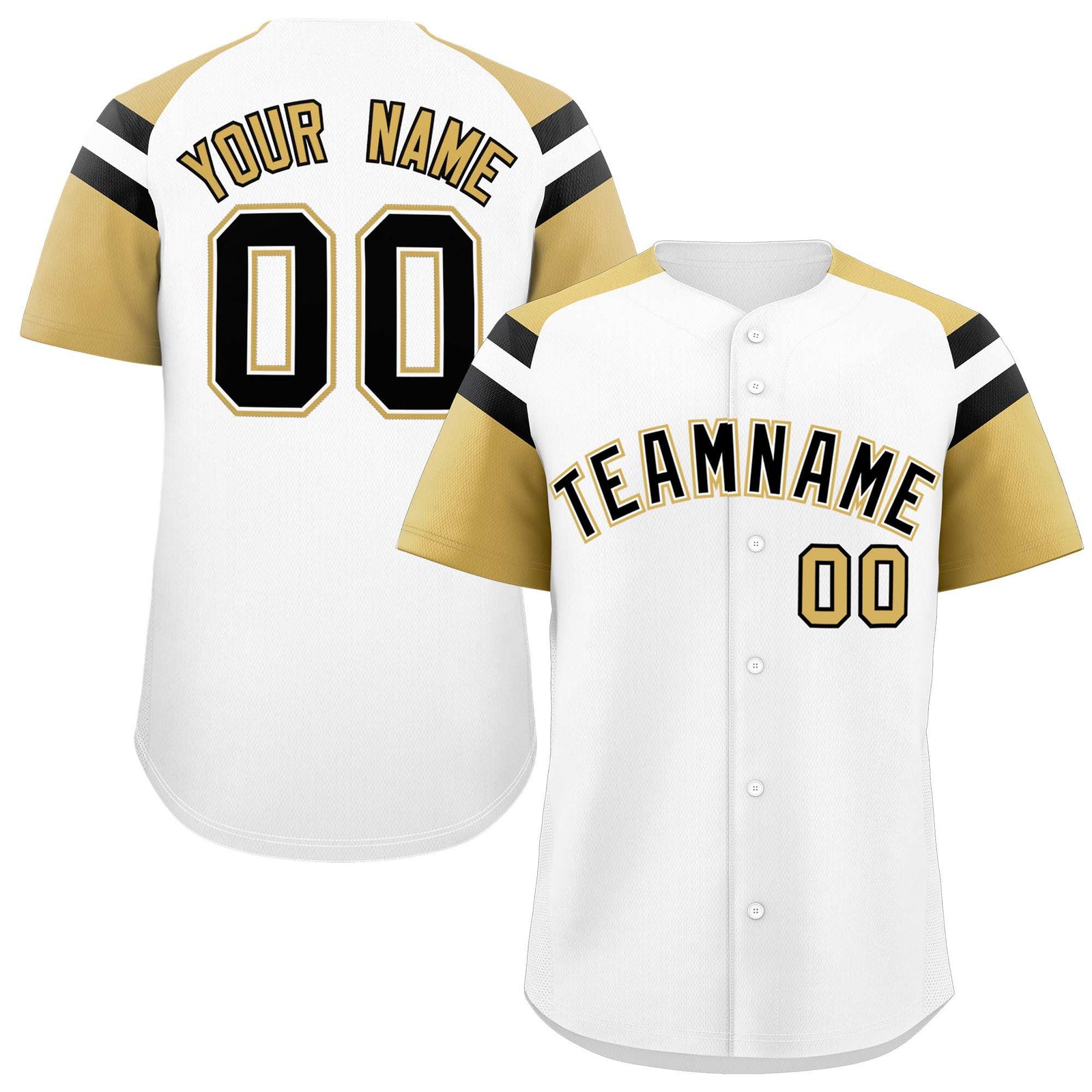 Custom White Old Gold Contrast Raglan Sleeves Authentic Baseball Jersey