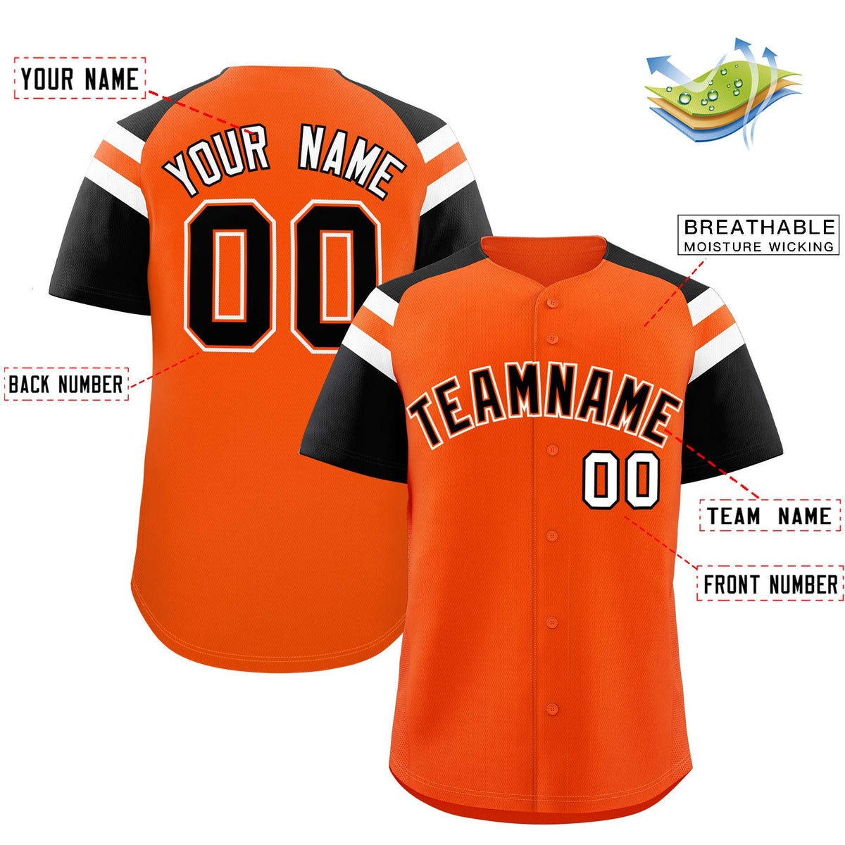 Custom Orange Black Contrast Raglan Sleeves Authentic Baseball Jersey