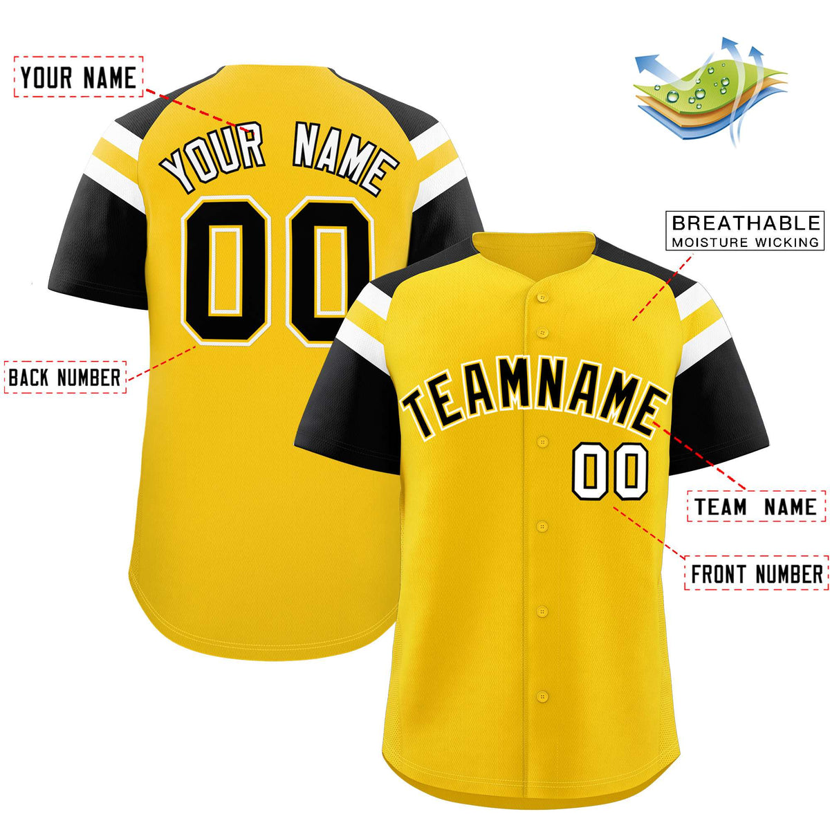 Custom Gold Black Contrast Raglan Sleeves Authentic Baseball Jersey