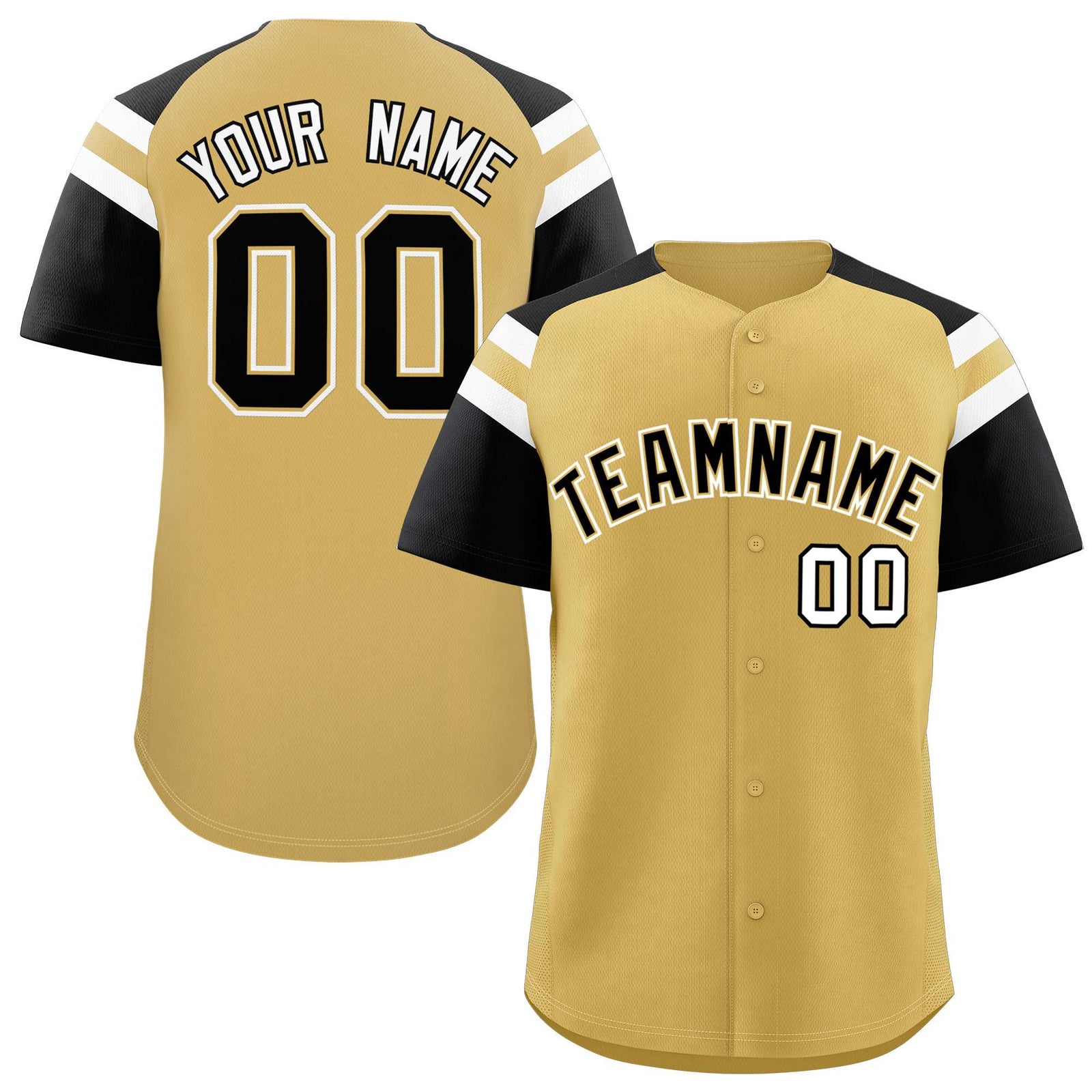 Custom Old Gold Black Contrast Raglan Sleeves Authentic Baseball Jersey