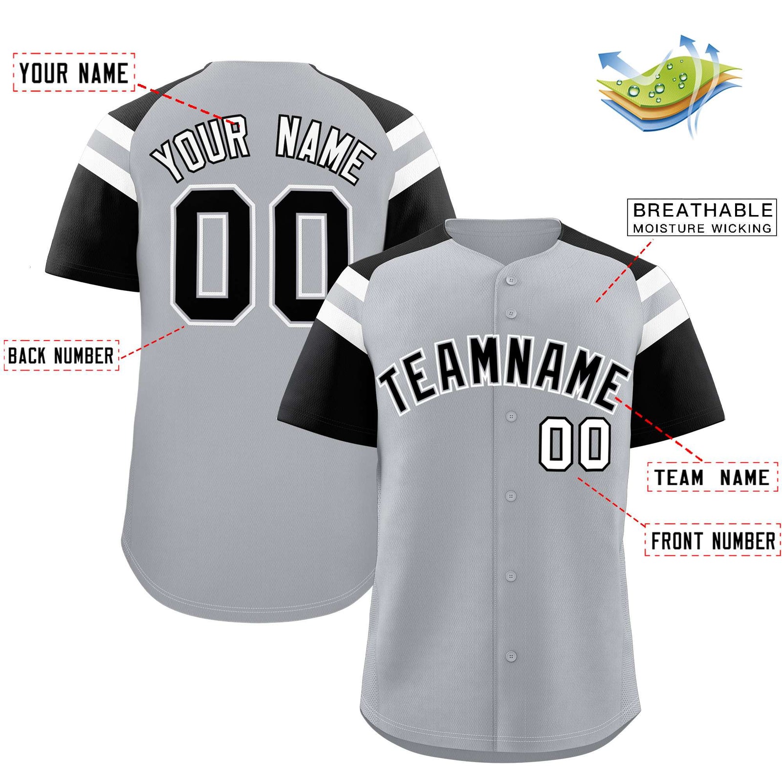 Custom Silver Black Contrast Raglan Sleeves Authentic Baseball Jersey