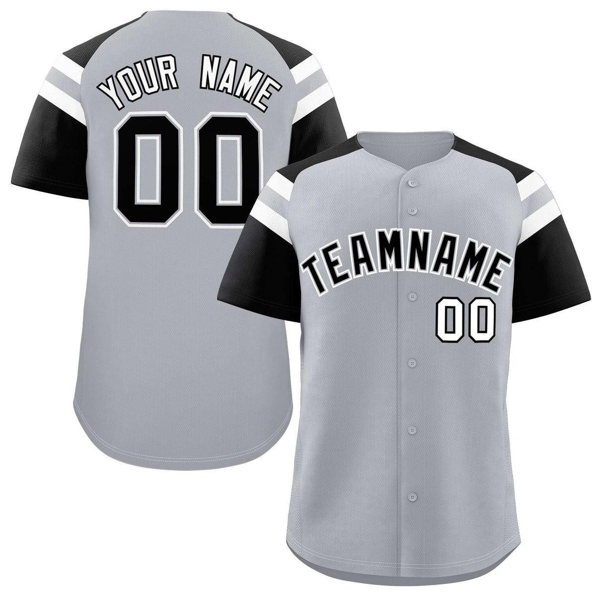 Custom Silver Black Contrast Raglan Sleeves Authentic Baseball Jersey