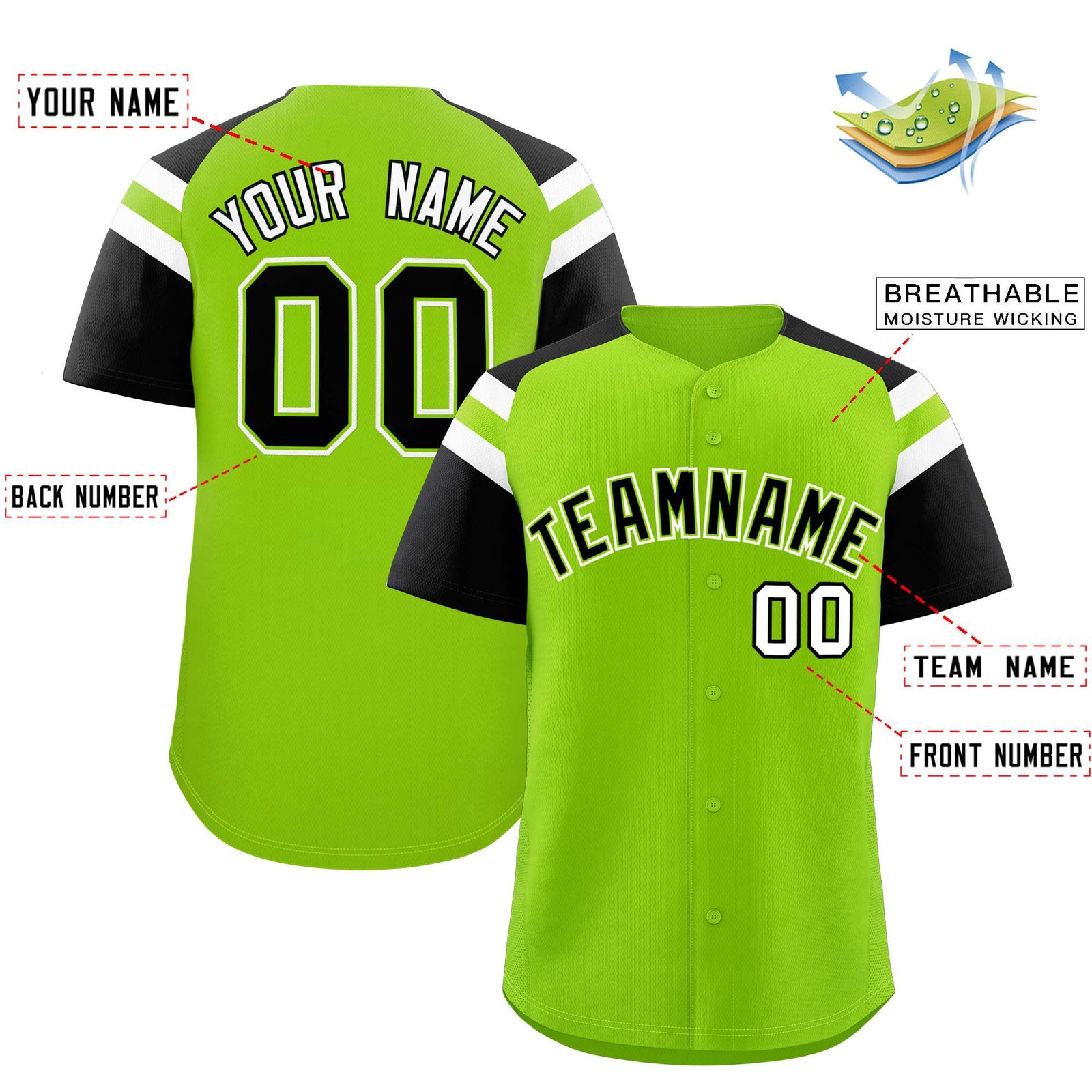 Custom Neon Green Black Contrast Raglan Sleeves Authentic Baseball Jersey