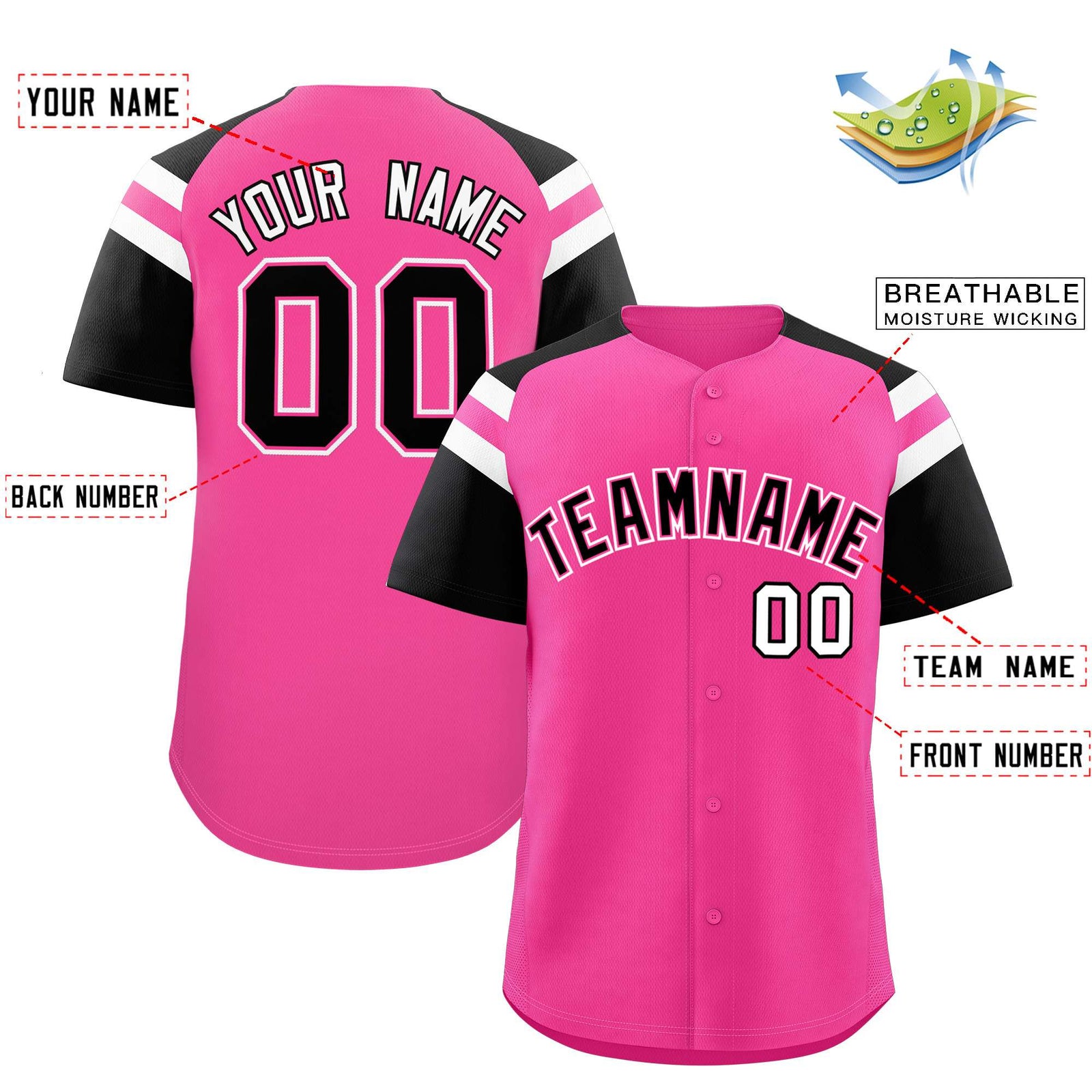 Custom Pink Black Contrast Raglan Sleeves Authentic Baseball Jersey