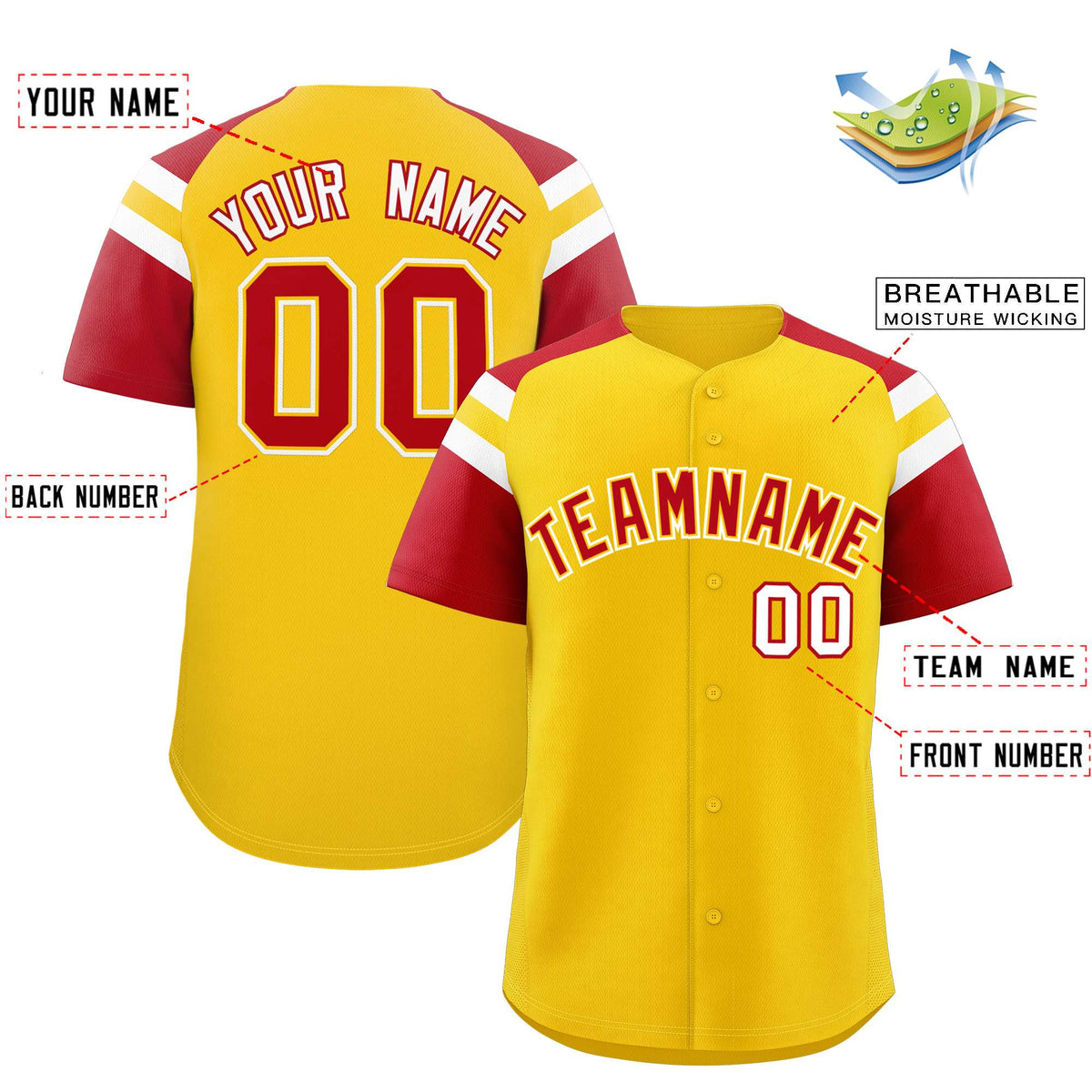 Custom Gold Red Contrast Raglan Sleeves Authentic Baseball Jersey