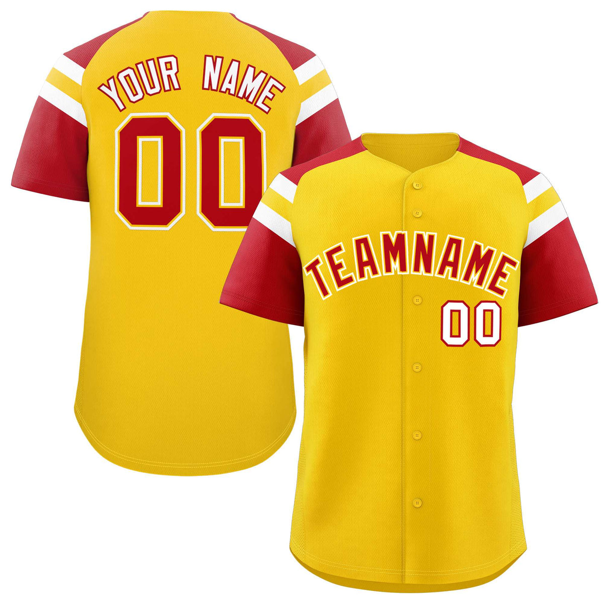 Custom Gold Red Contrast Raglan Sleeves Authentic Baseball Jersey