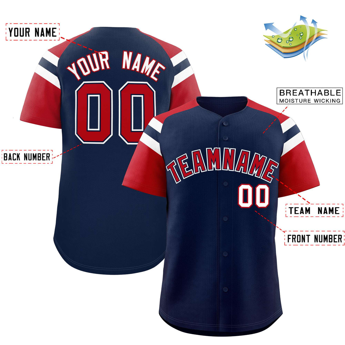 Custom Navy Red Contrast Raglan Sleeves Authentic Baseball Jersey