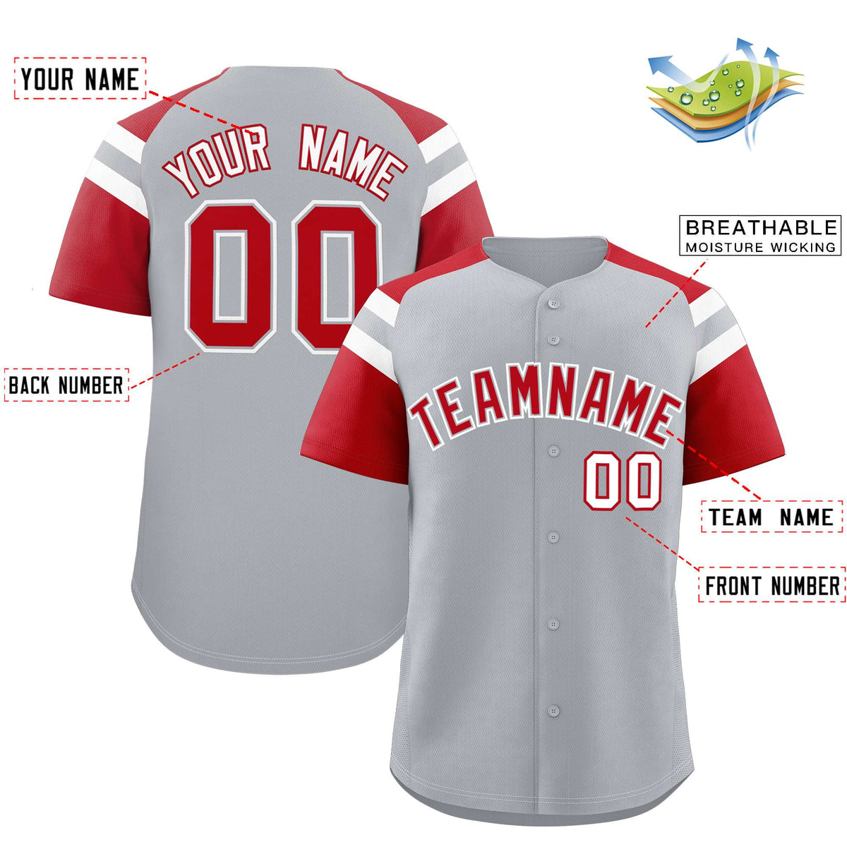 Custom Silver Red Contrast Raglan Sleeves Authentic Baseball Jersey