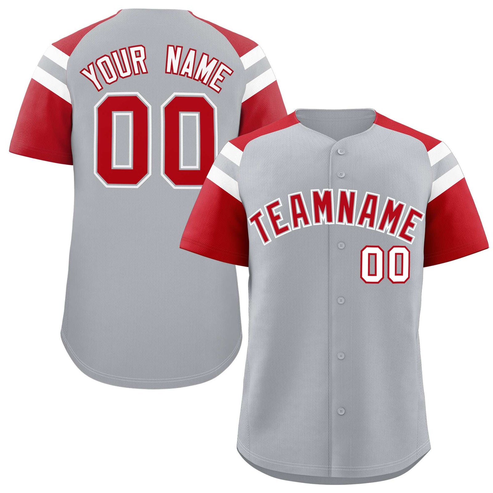 Custom Silver Red Contrast Raglan Sleeves Authentic Baseball Jersey