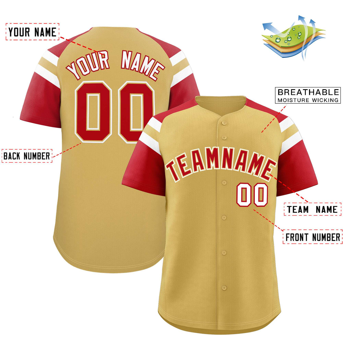 Custom Old Gold Red Contrast Raglan Sleeves Authentic Baseball Jersey