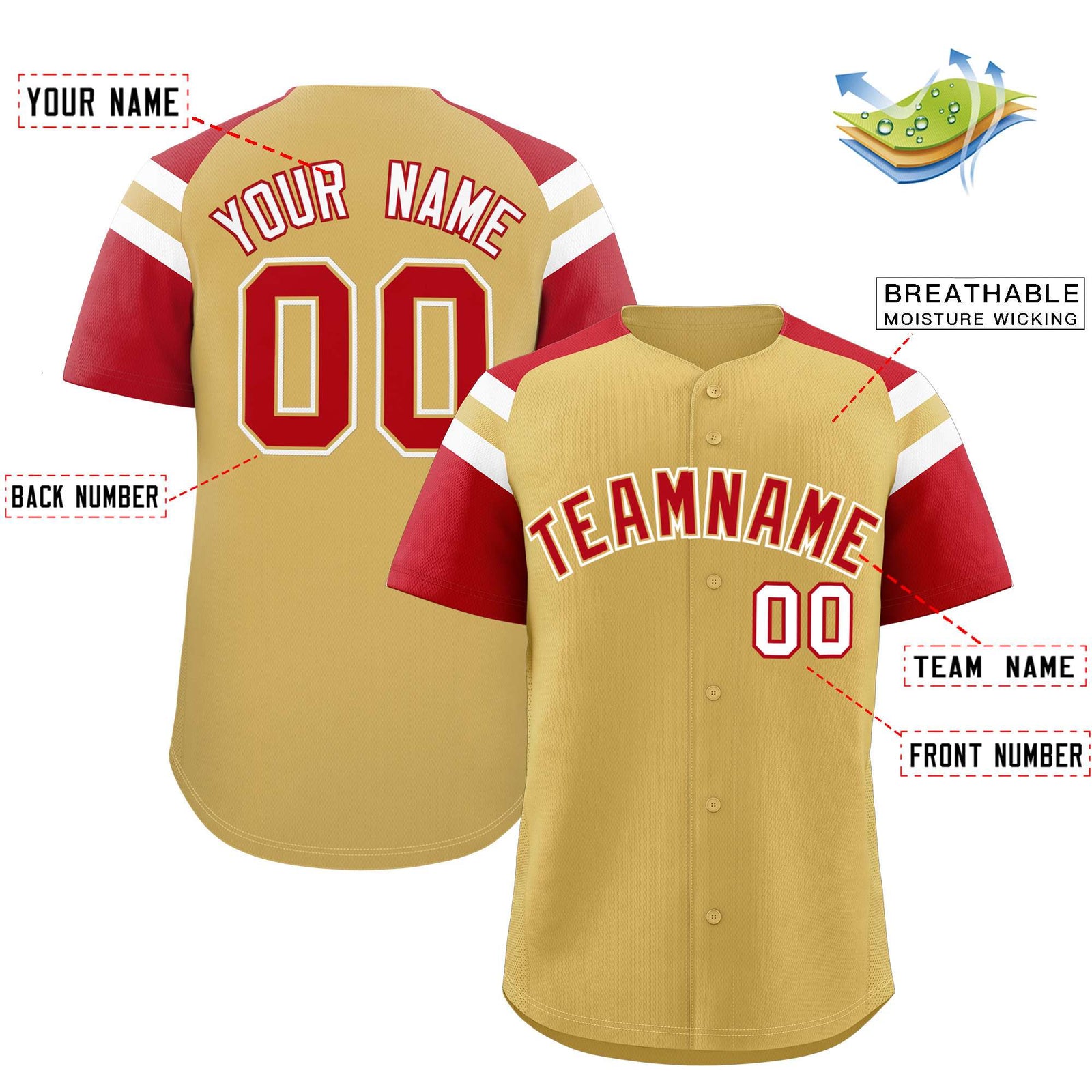 Custom Old Gold Red Contrast Raglan Sleeves Authentic Baseball Jersey