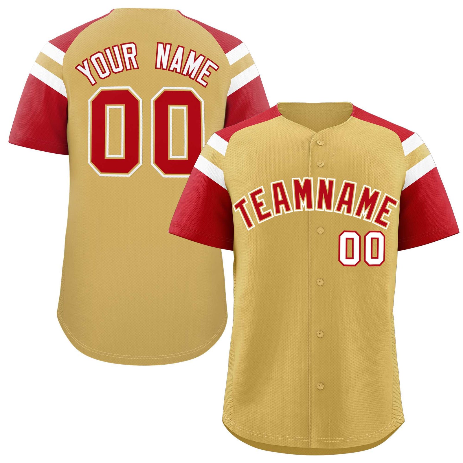 Custom Old Gold Red Contrast Raglan Sleeves Authentic Baseball Jersey