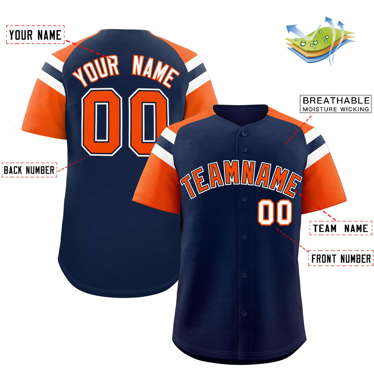 Custom Navy Orange Contrast Raglan Sleeves Authentic Baseball Jersey