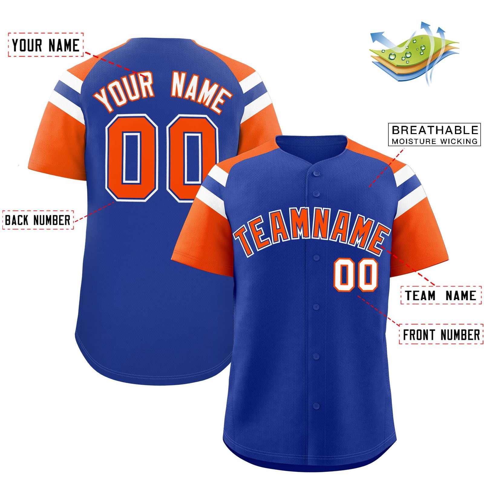 Custom Royal Orange Contrast Raglan Sleeves Authentic Baseball Jersey