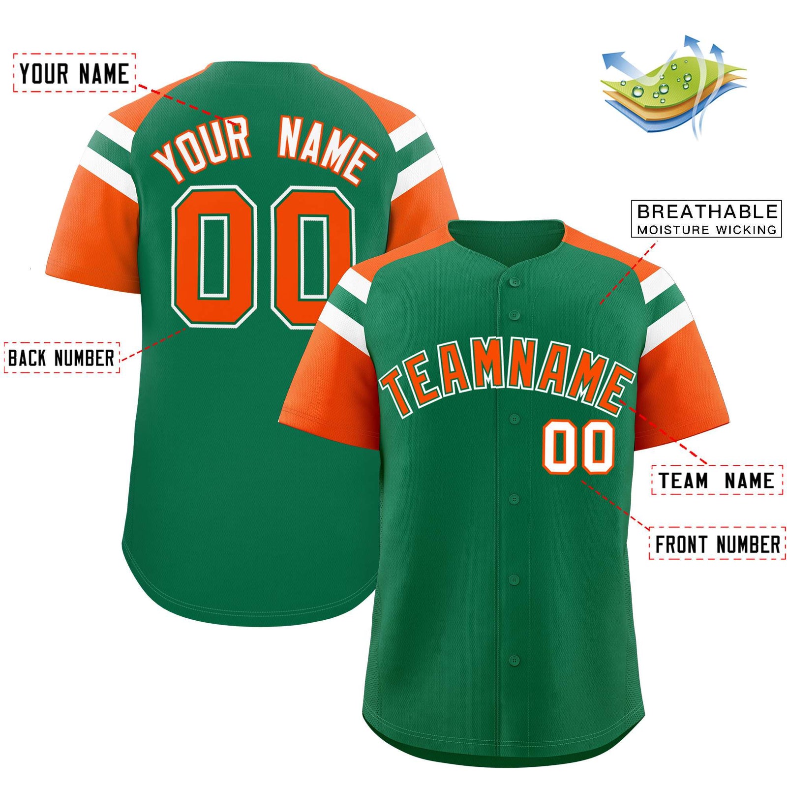 Custom Kelly Green Orange Contrast Raglan Sleeves Authentic Baseball Jersey