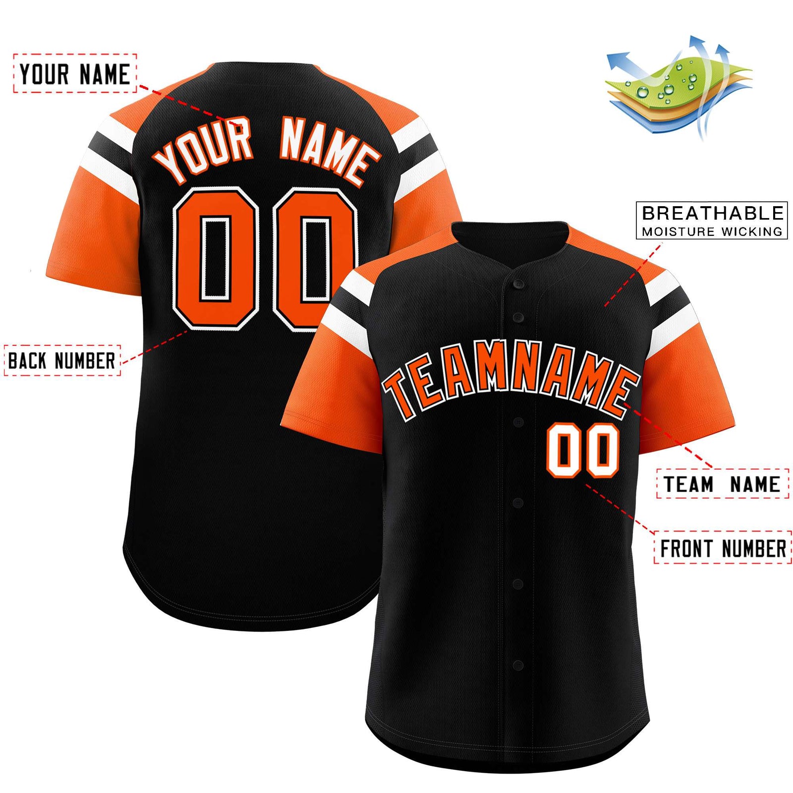 Custom Black Orange Contrast Raglan Sleeves Authentic Baseball Jersey