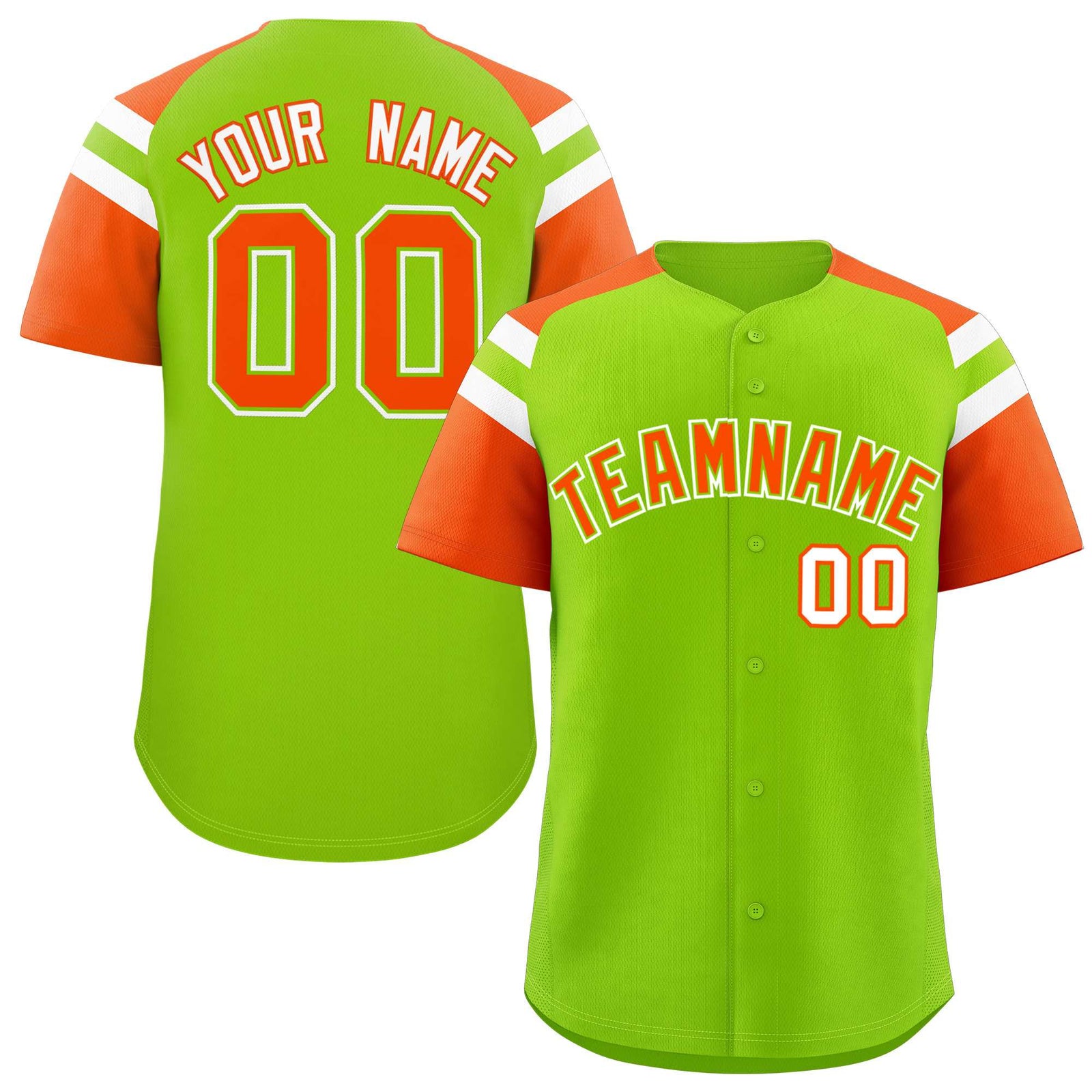 Custom Neon Green Orange Contrast Raglan Sleeves Authentic Baseball Jersey