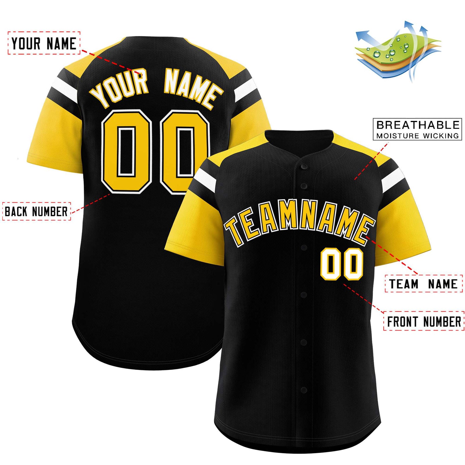 Custom Black Gold Contrast Raglan Sleeves Authentic Baseball Jersey