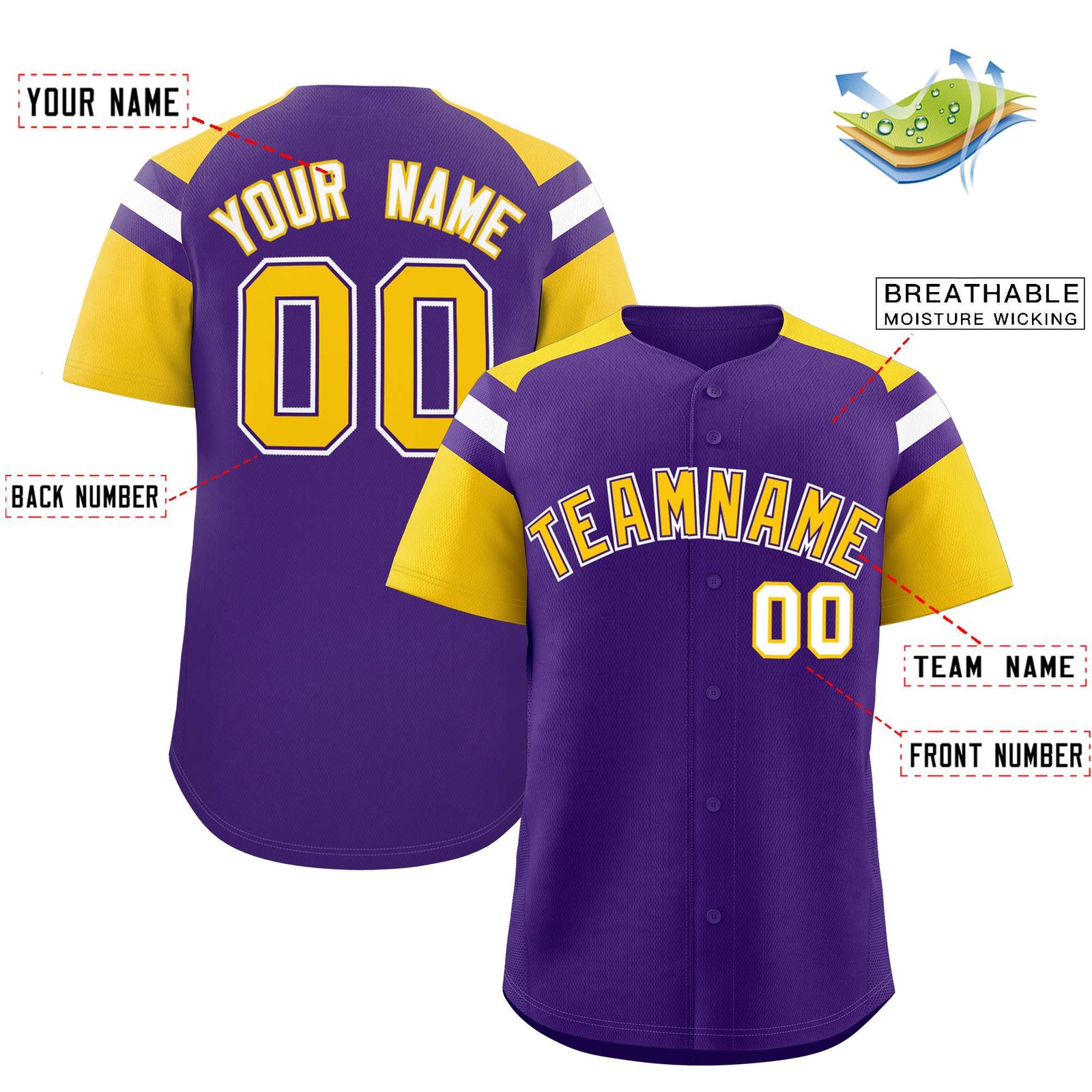 Custom Purple Gold Contrast Raglan Sleeves Authentic Baseball Jersey