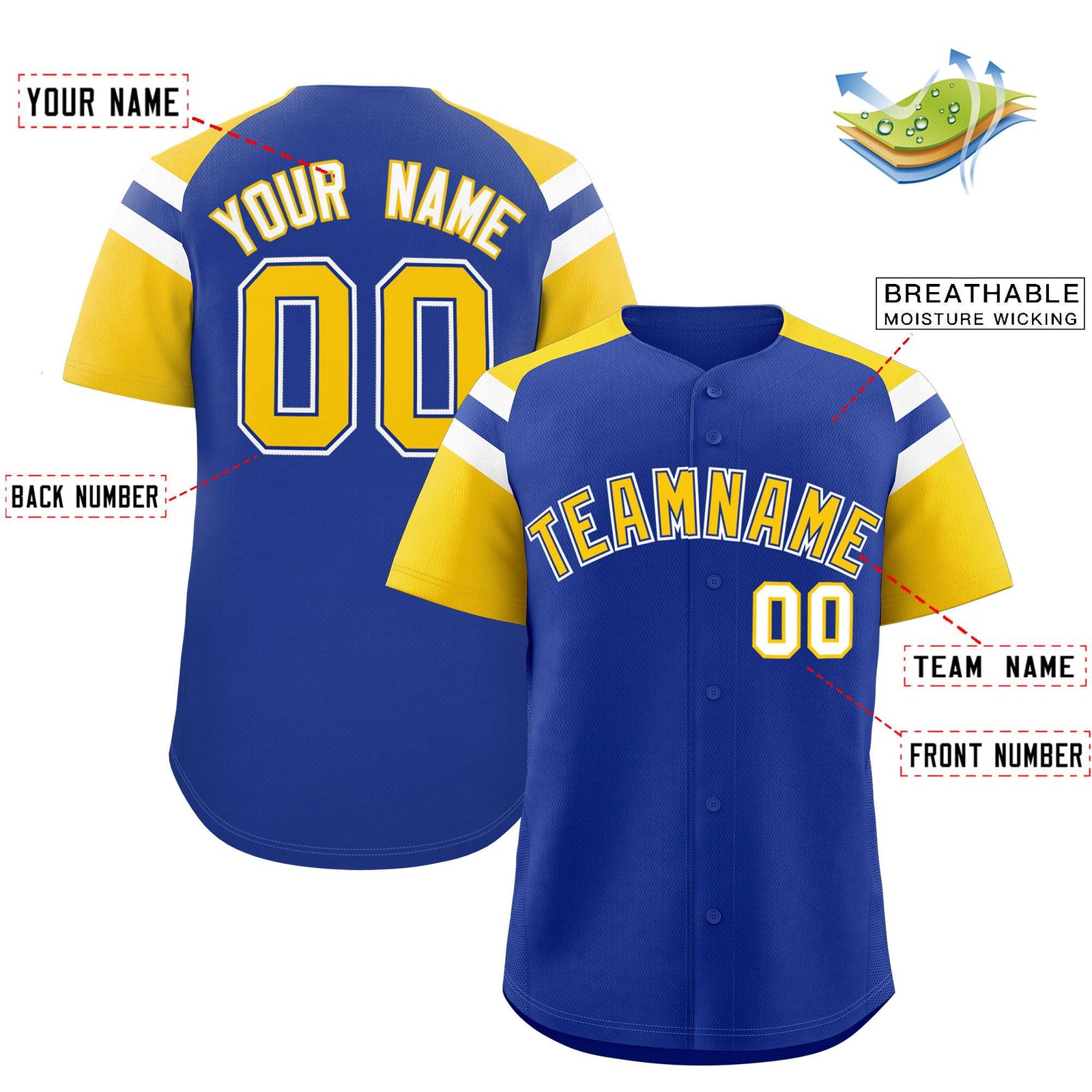 Custom Royal Gold Contrast Raglan Sleeves Authentic Baseball Jersey