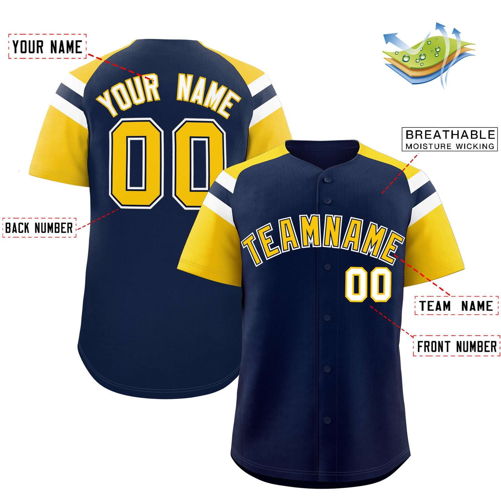 Custom Navy Gold Contrast Raglan Sleeves Authentic Baseball Jersey