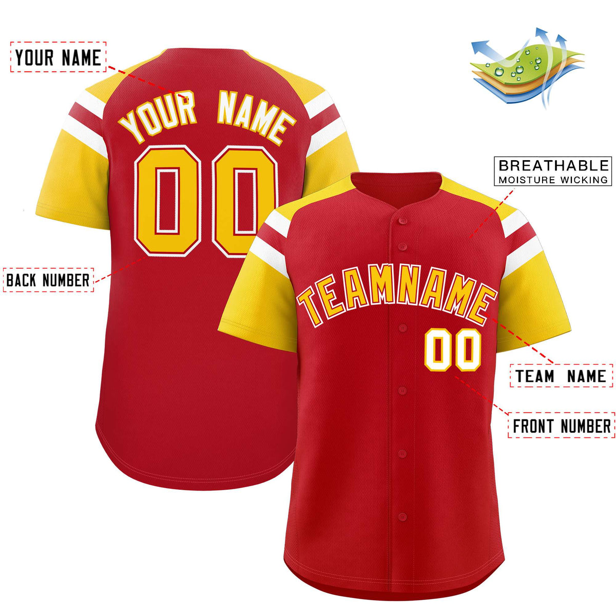 Custom Red Gold Contrast Raglan Sleeves Authentic Baseball Jersey