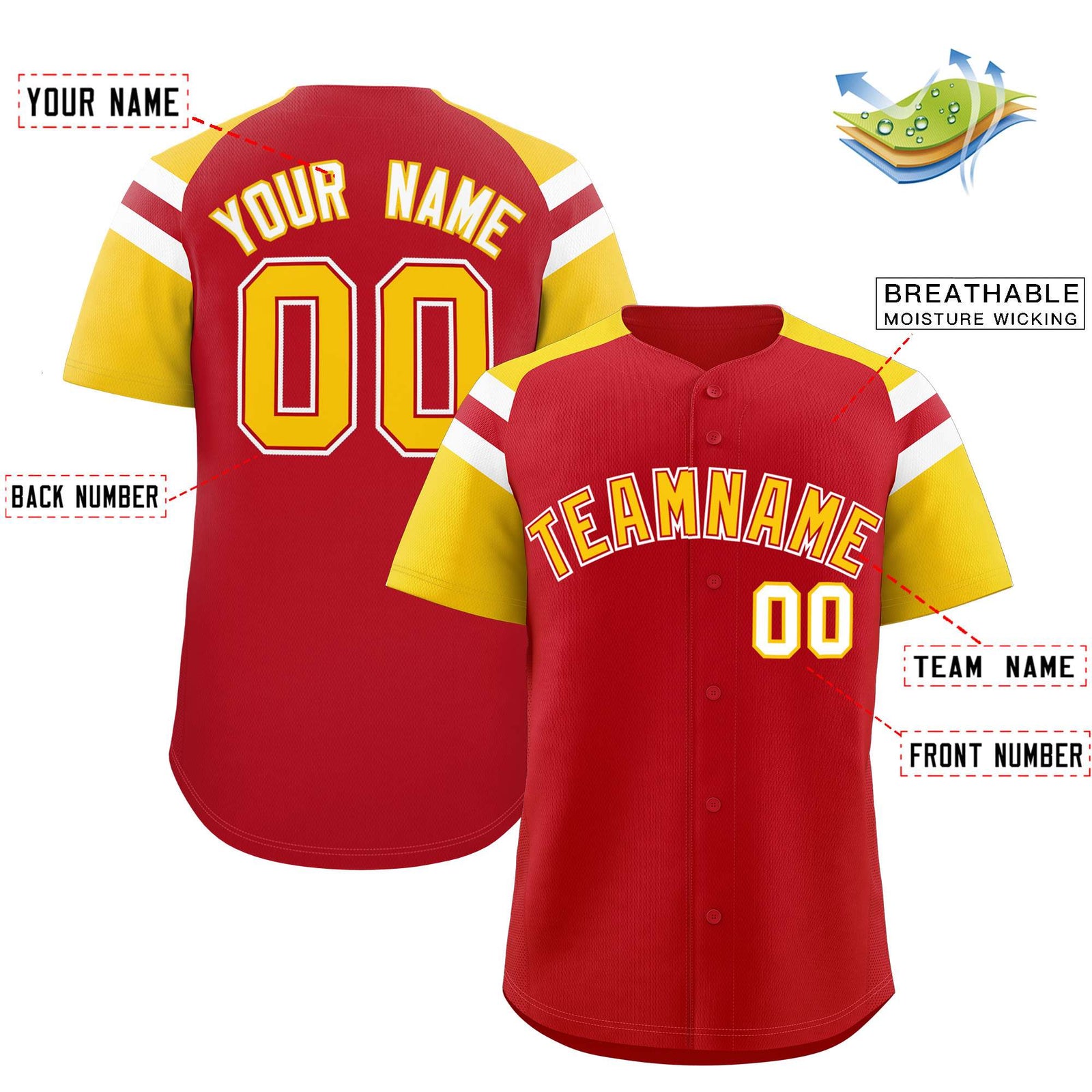 Custom Red Gold Contrast Raglan Sleeves Authentic Baseball Jersey
