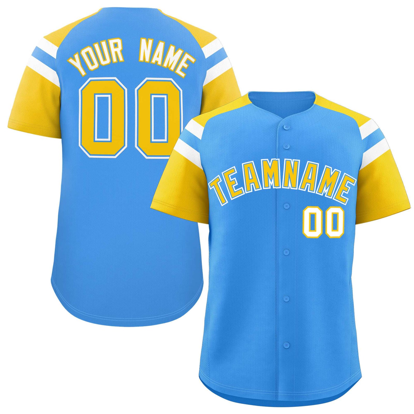 Custom Powder Blue Gold Contrast Raglan Sleeves Authentic Baseball Jersey