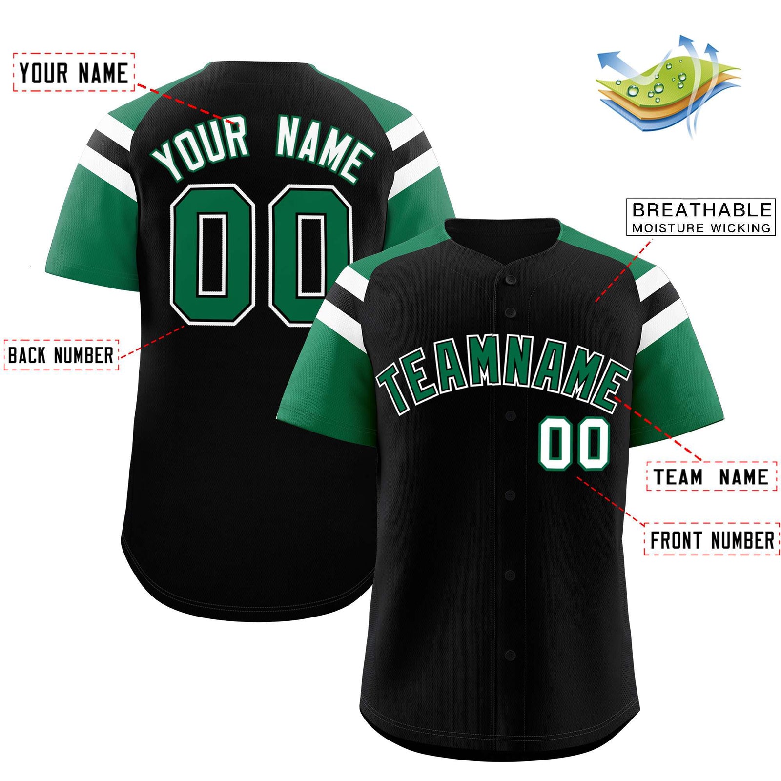Custom Black Kelly Green Contrast Raglan Sleeves Authentic Baseball Jersey