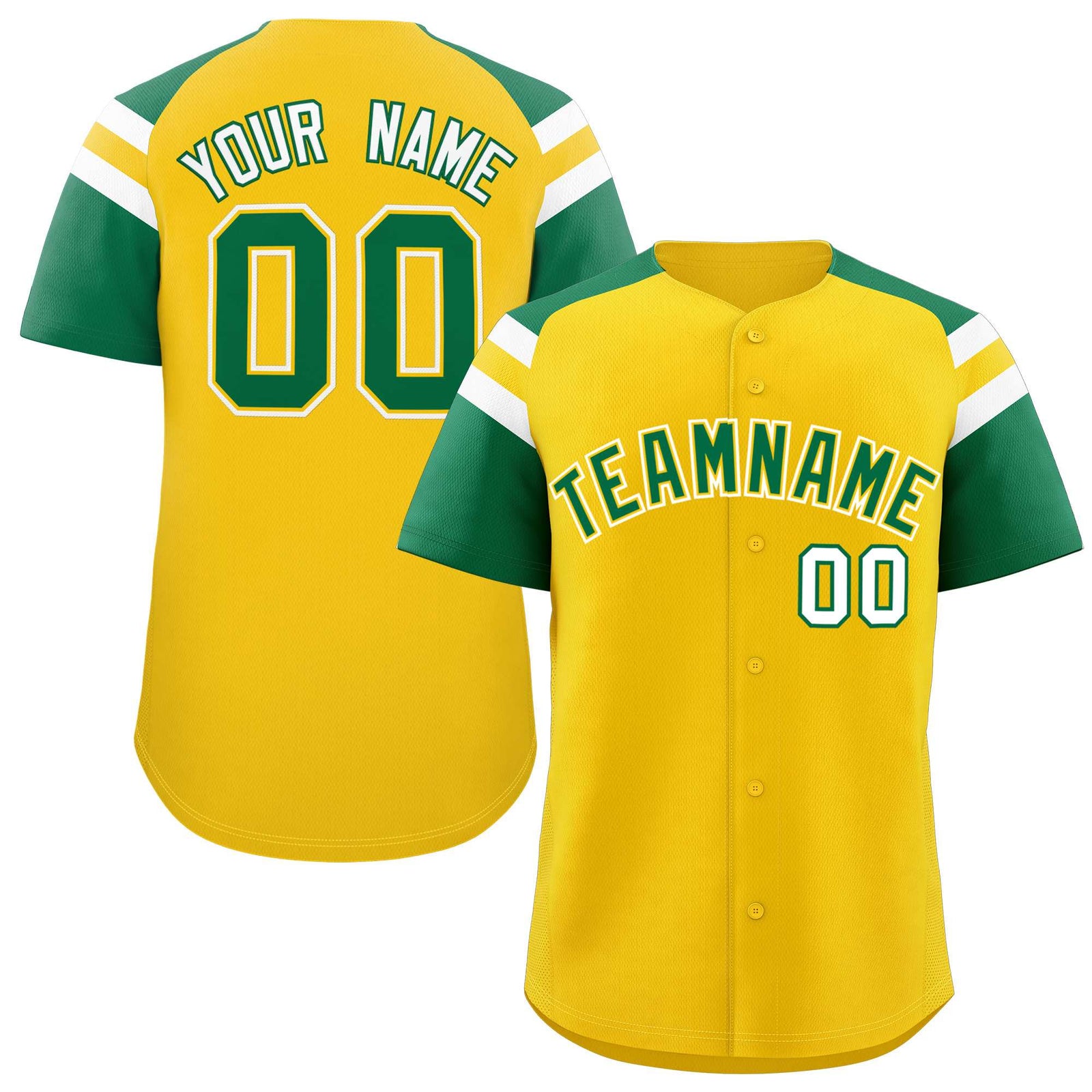 Custom Gold Kelly Green Contrast Raglan Sleeves Authentic Baseball Jersey
