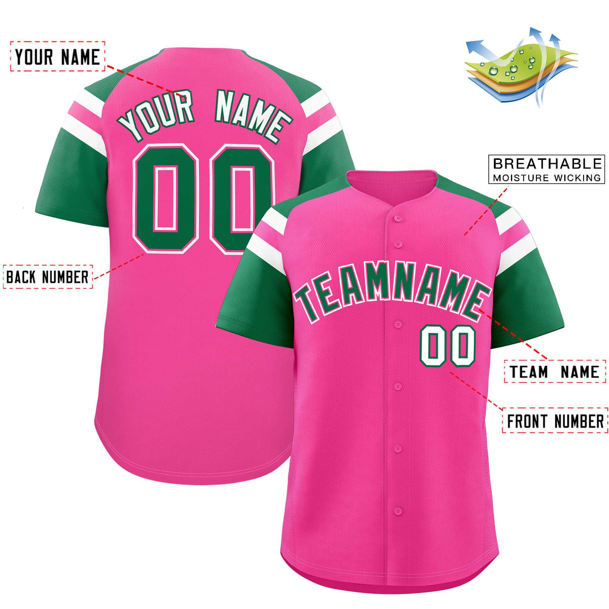 Custom Pink Kelly Green Contrast Raglan Sleeves Authentic Baseball Jersey