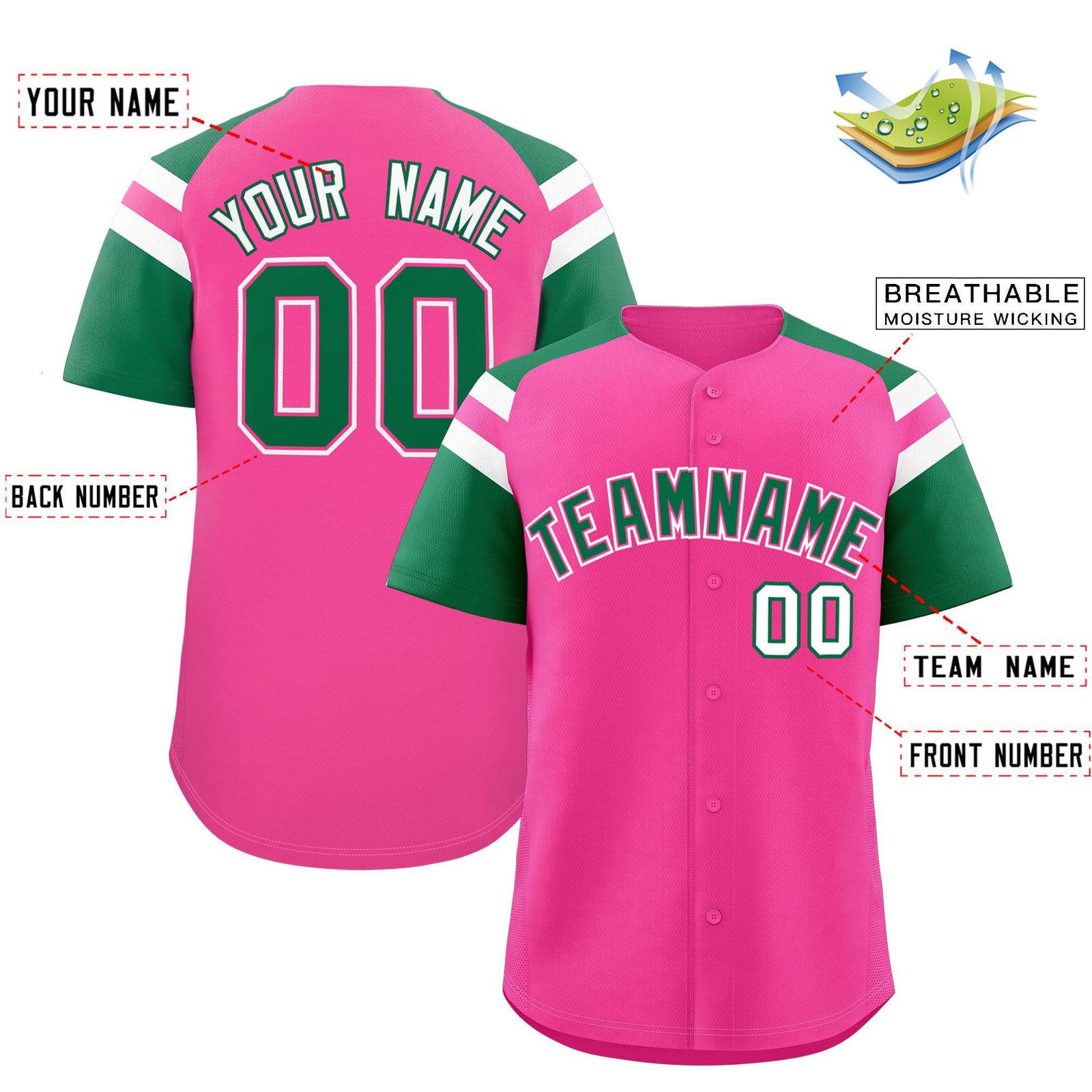 Custom Pink Kelly Green Contrast Raglan Sleeves Authentic Baseball Jersey
