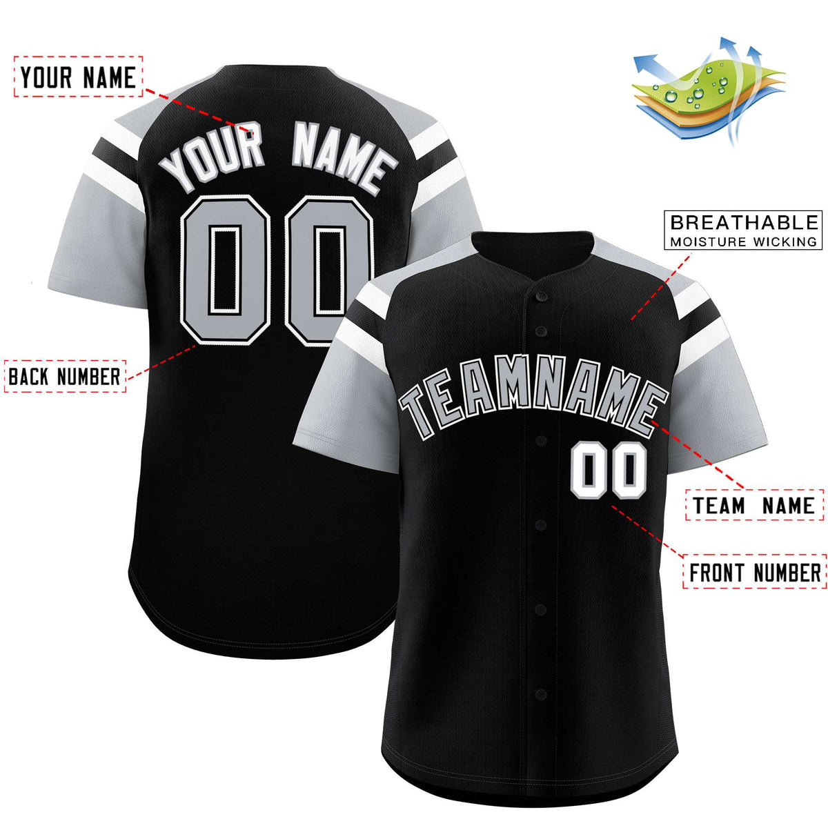 Custom Black Silver Contrast Raglan Sleeves Authentic Baseball Jersey