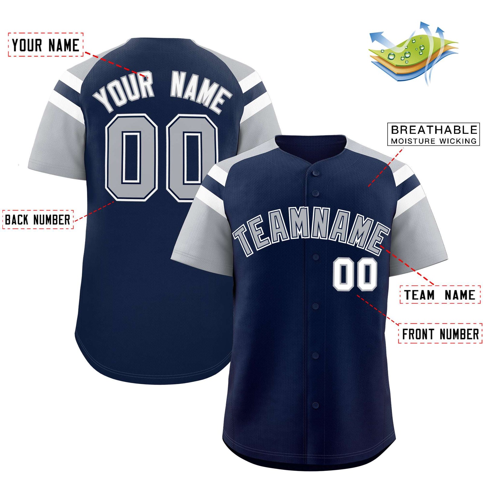 Custom Navy Silver Contrast Raglan Sleeves Authentic Baseball Jersey
