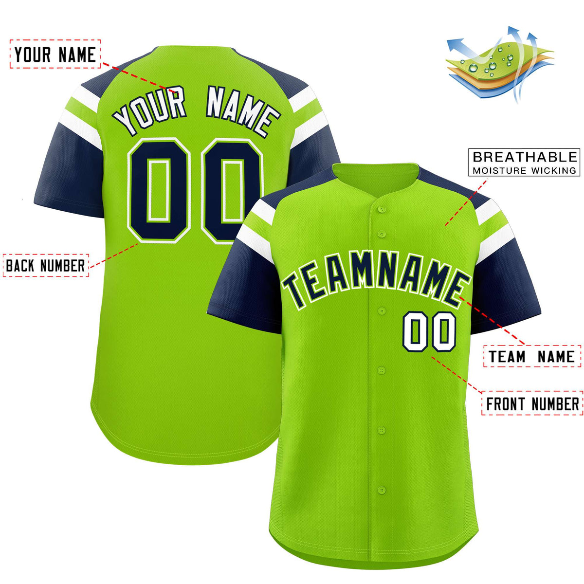 Custom Neon Green Navy Contrast Raglan Sleeves Authentic Baseball Jersey