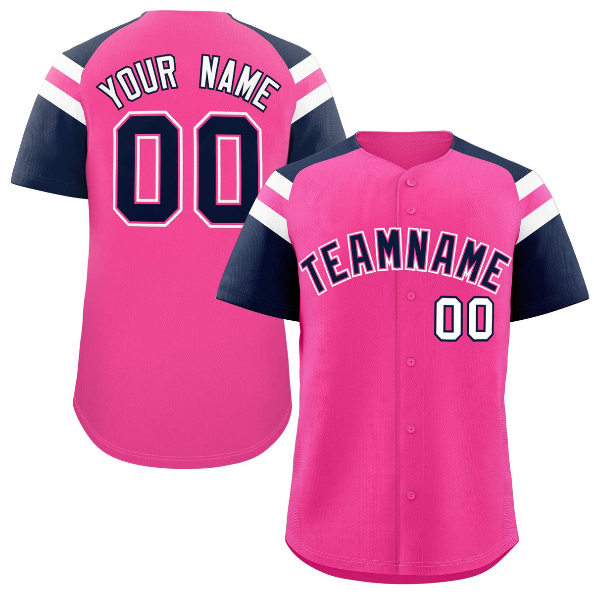 Custom Pink Navy Contrast Raglan Sleeves Authentic Baseball Jersey