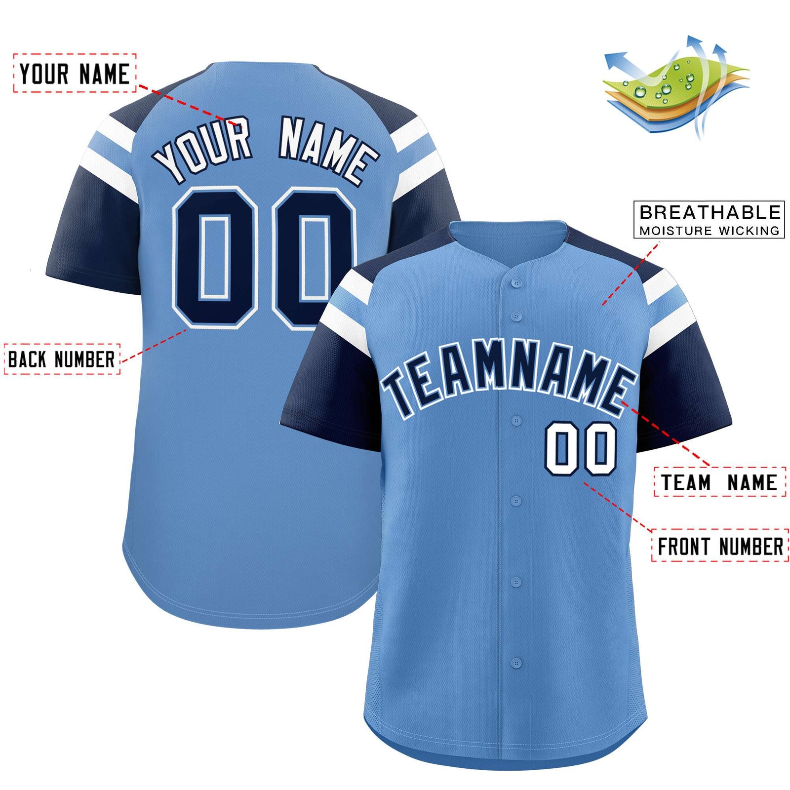 Custom Light Blue Navy Contrast Raglan Sleeves Authentic Baseball Jersey
