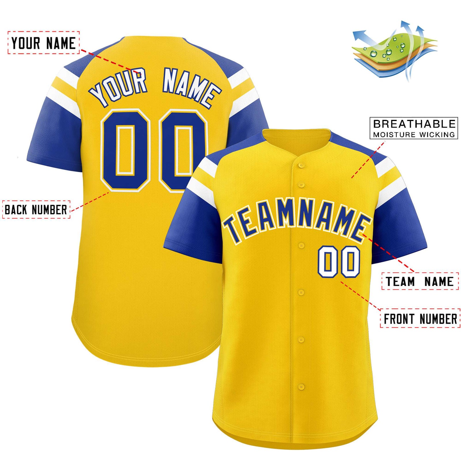 Custom Gold Royal Contrast Raglan Sleeves Authentic Baseball Jersey