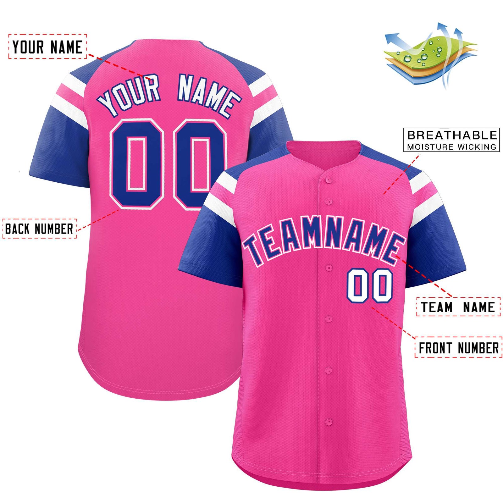 Custom Pink Royal Contrast Raglan Sleeves Authentic Baseball Jersey