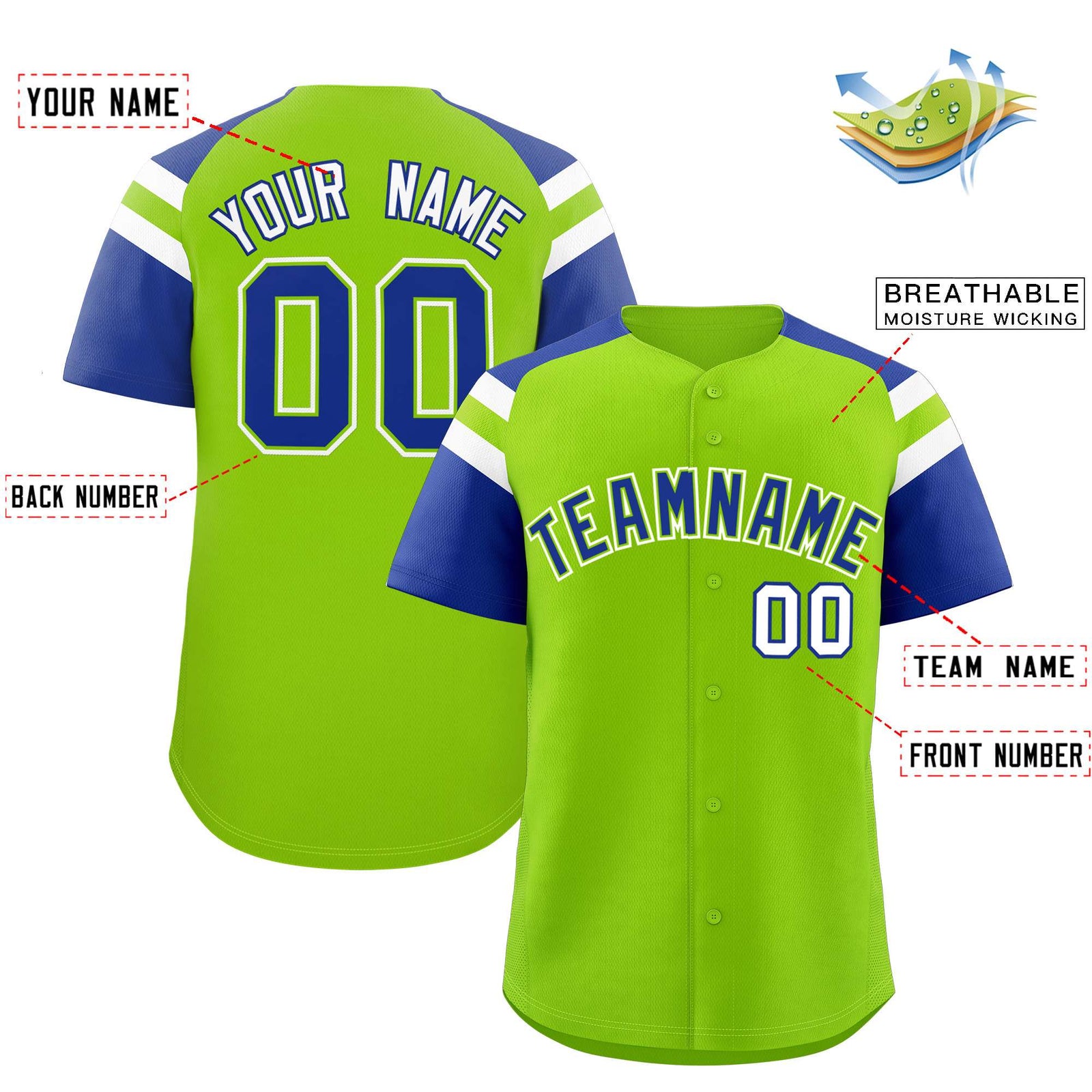 Custom Neon Green Royal Contrast Raglan Sleeves Authentic Baseball Jersey