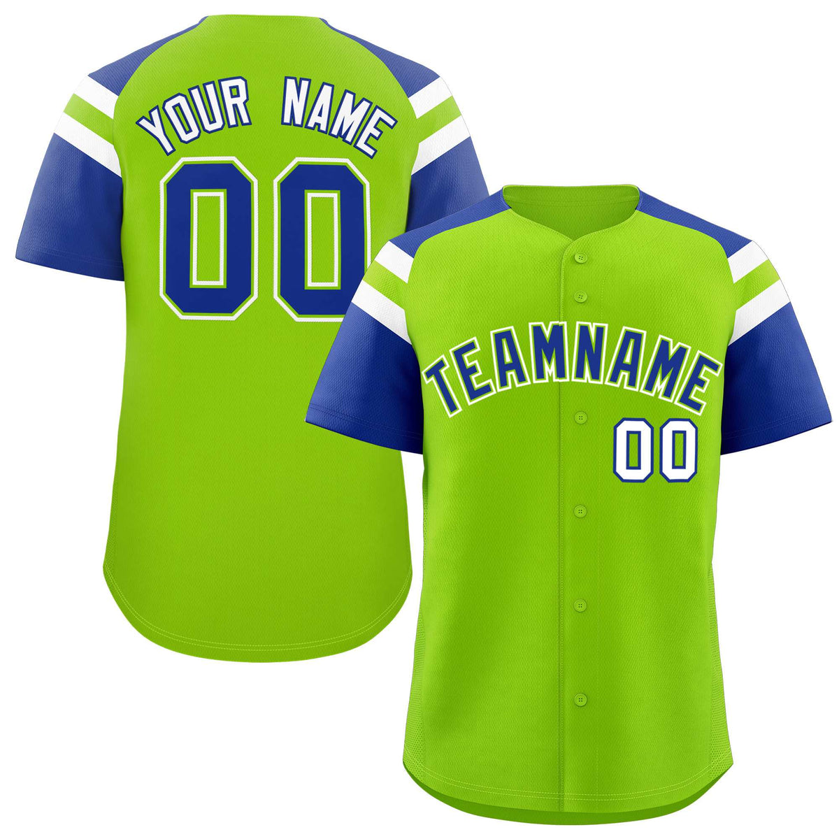 Custom Neon Green Royal Contrast Raglan Sleeves Authentic Baseball Jersey