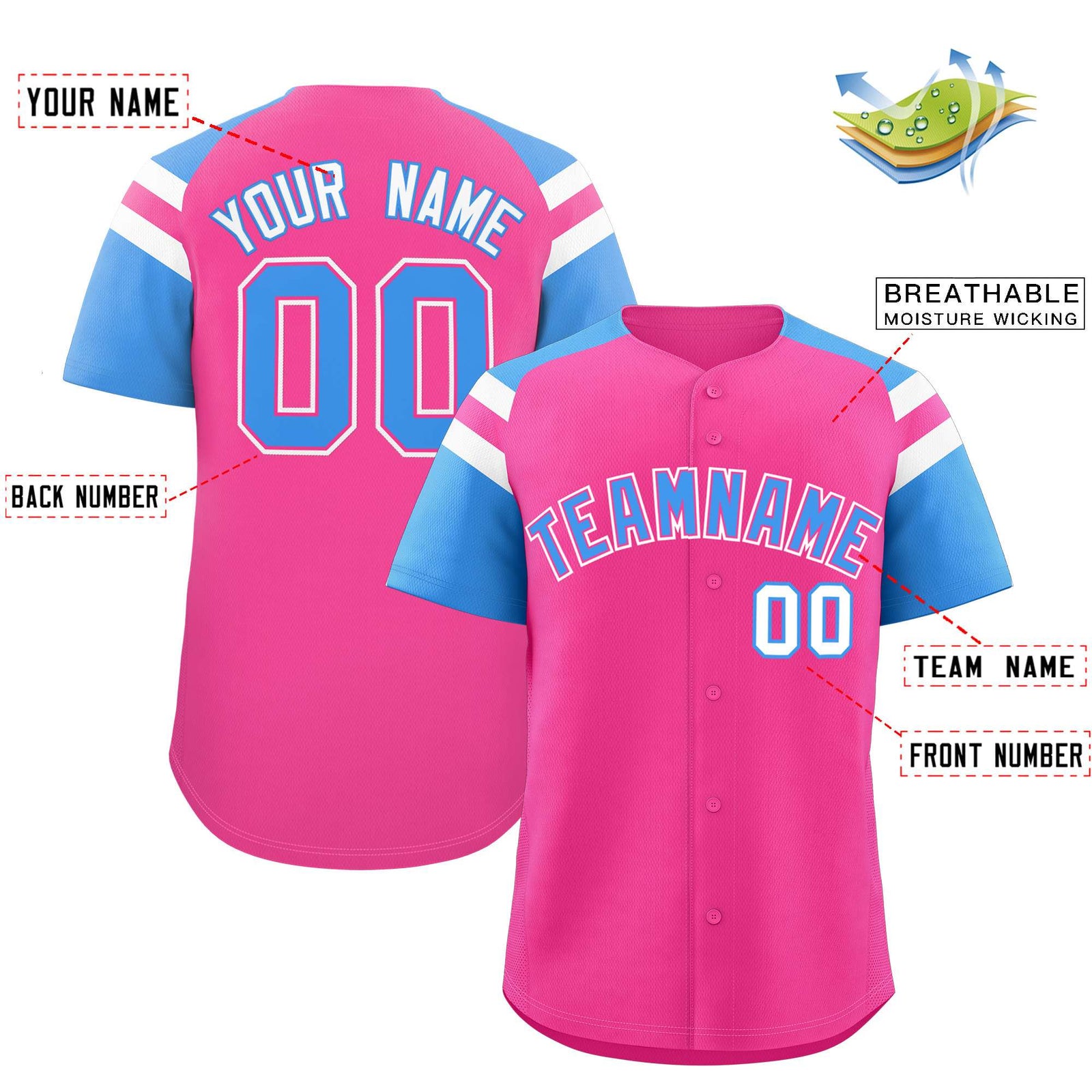 Custom Pink Powder Blue Contrast Raglan Sleeves Authentic Baseball Jersey