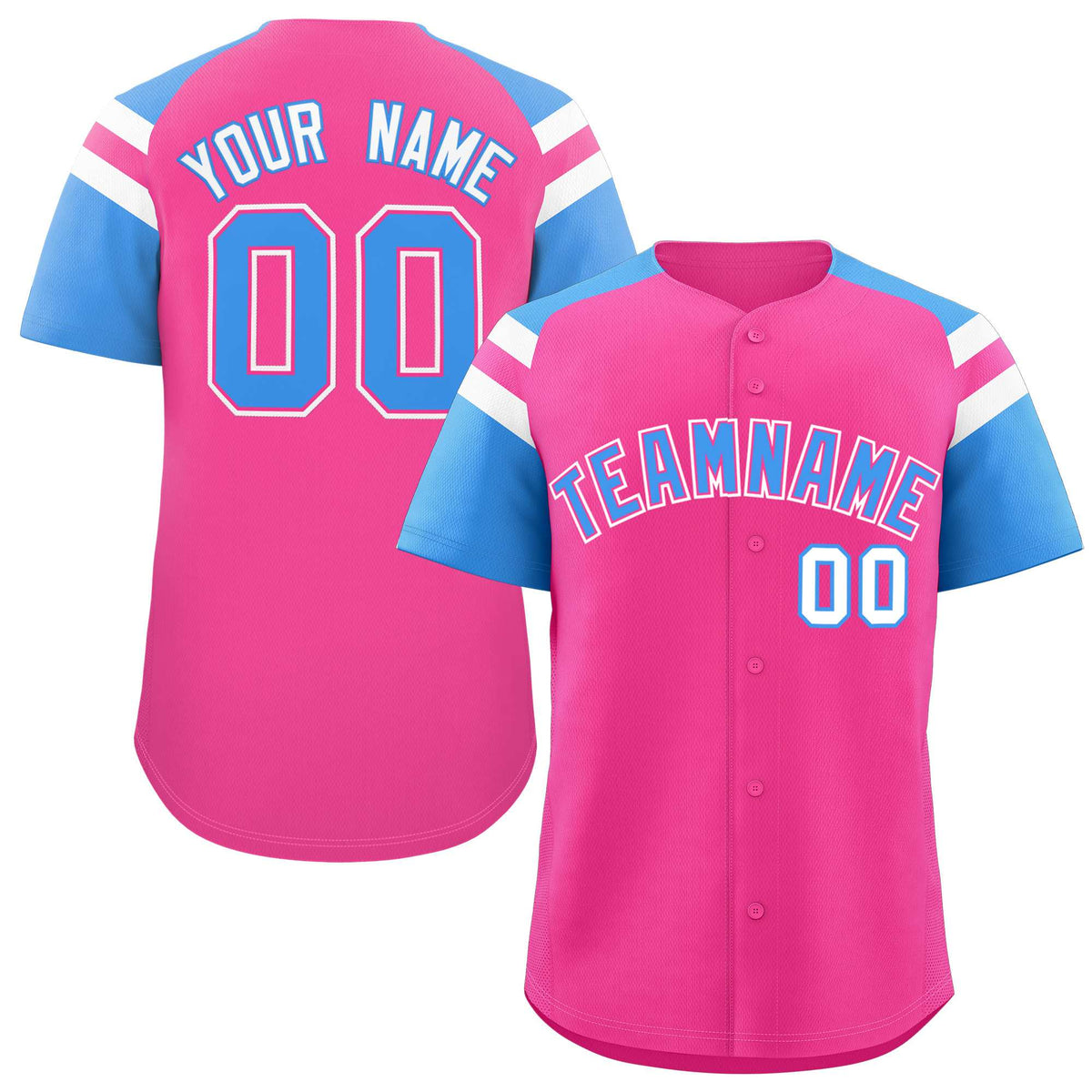Custom Pink Powder Blue Contrast Raglan Sleeves Authentic Baseball Jersey